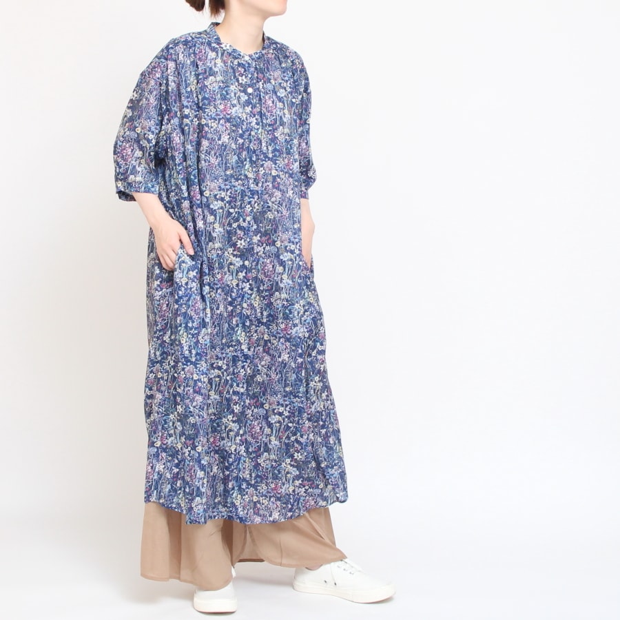 【CHARCOAL GRAYのみ ラスト1点】【本店限定商品】シルフローンLIBERTYショルダーギャザーワンピース(2407)