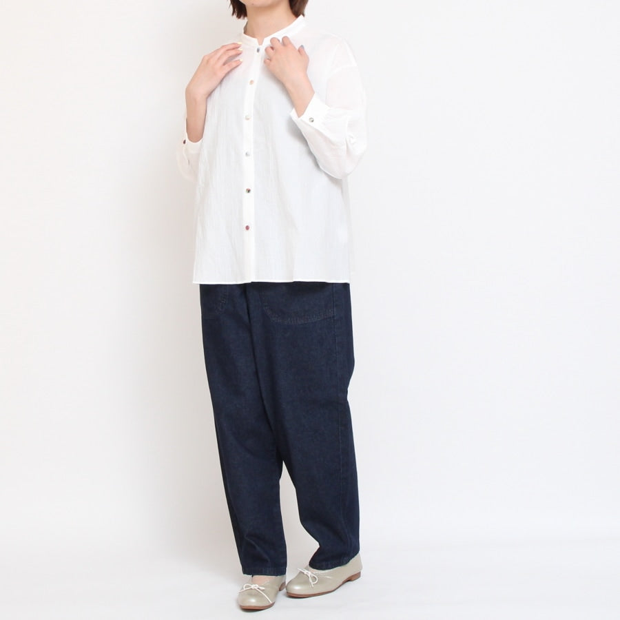 【WHITEのみ ラスト1点】リバティ釦7分袖マオカラーシャツ(2506)