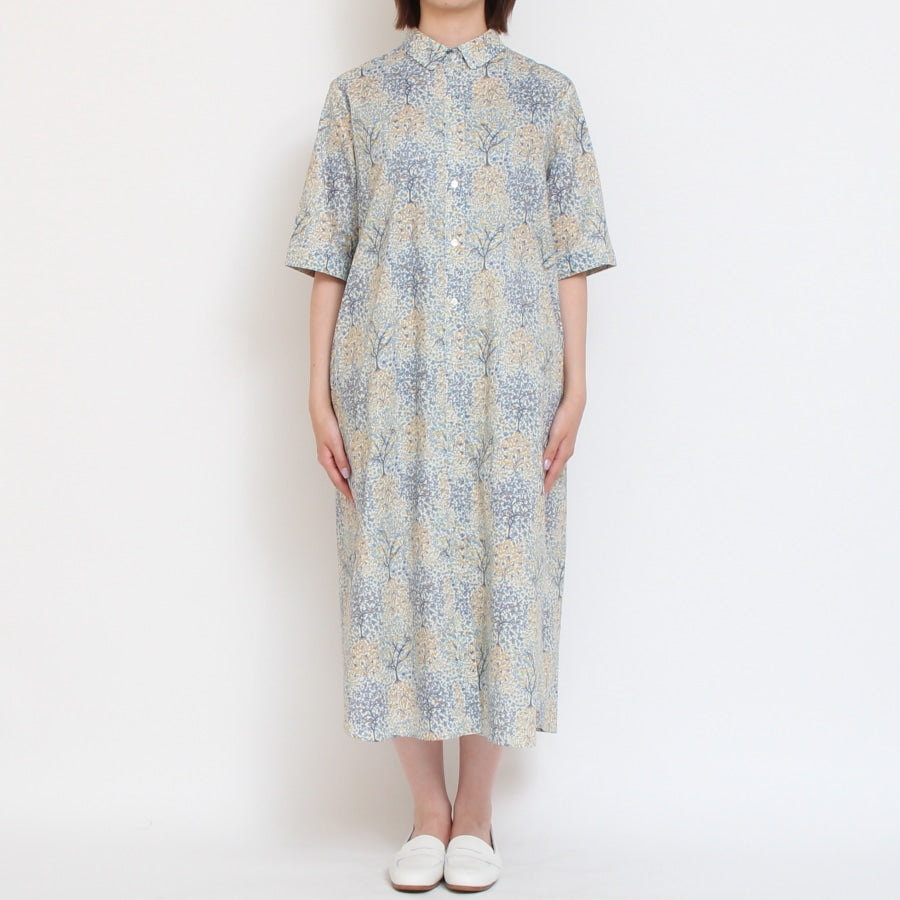 【20%OFF】【BLUE・NAVYラスト1点ずつ】HOKKOH LIBERTY 5分袖レギュラーカラーワンピース2507