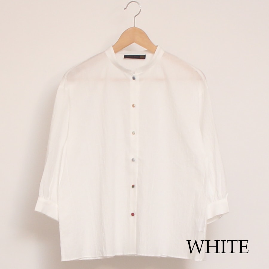 【WHITEのみ ラスト1点】リバティ釦7分袖マオカラーシャツ(2506)