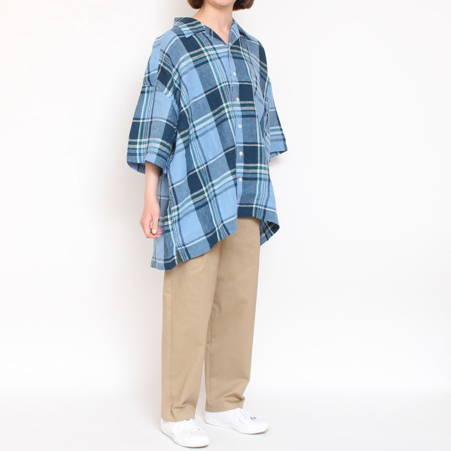 【50%OFF】HARVESTYチェックリネン半袖ジャンボシャツ