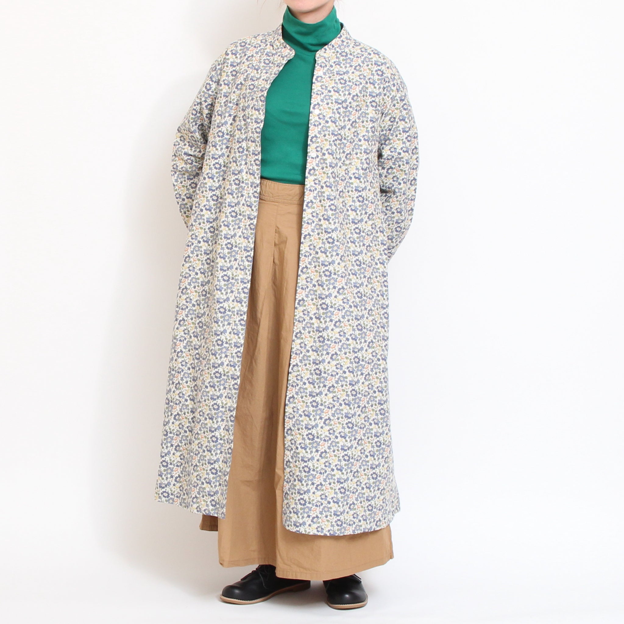【BLUE残り僅か】Cotton Flannel長袖バンドカラーワンピース(2601)