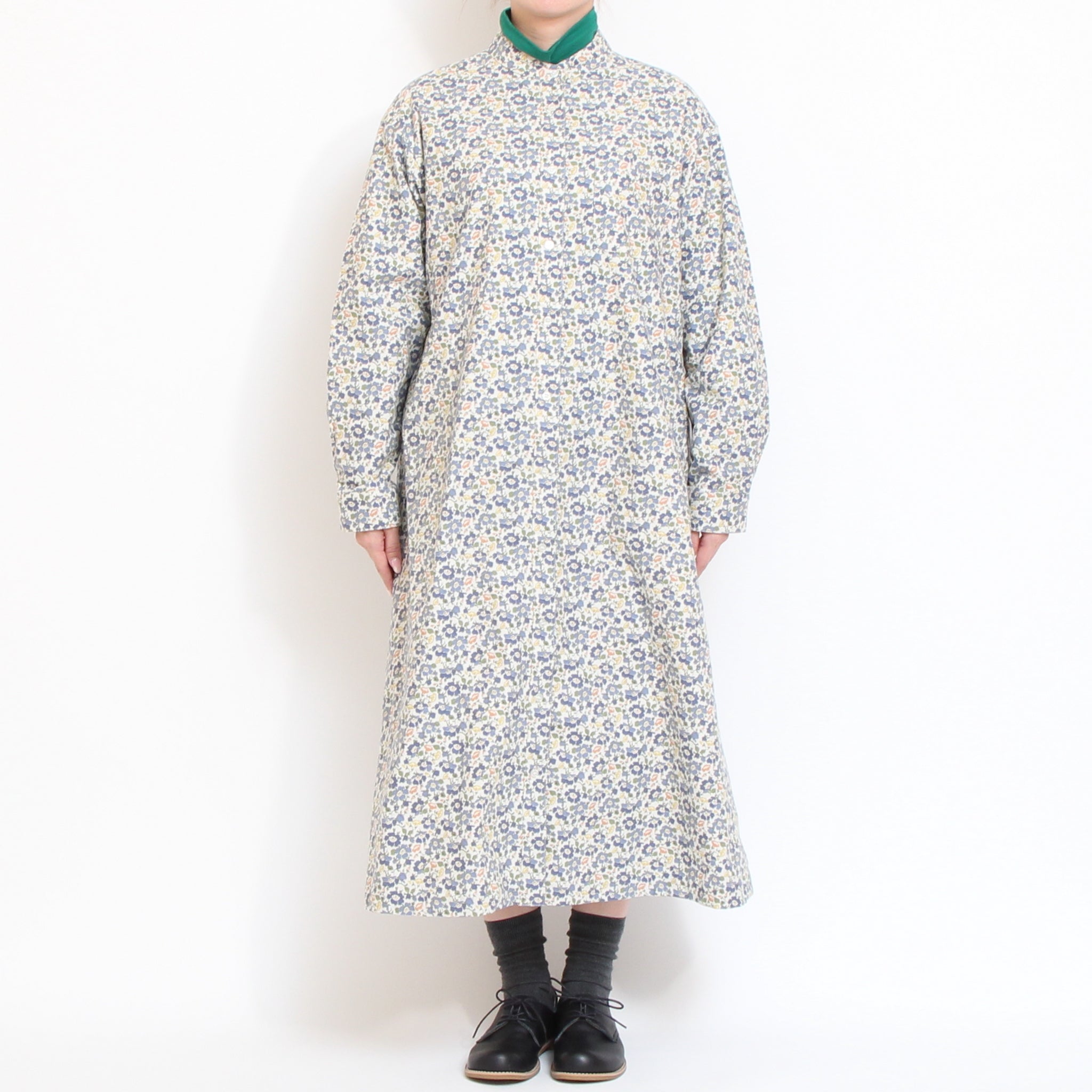 【BLUE残り僅か】Cotton Flannel長袖バンドカラーワンピース(2601)