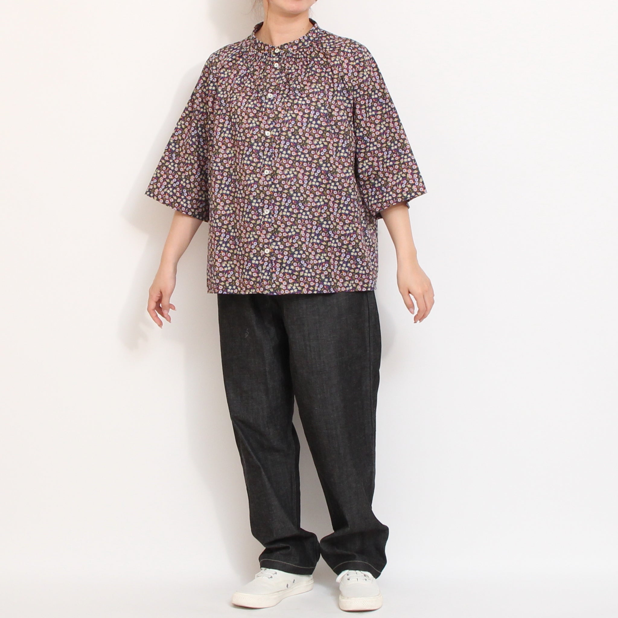【期間限定15%OFF】【MINT残り僅か・本店限定商品】リバティ6分袖チビ衿シャーリングシャツ(2604)