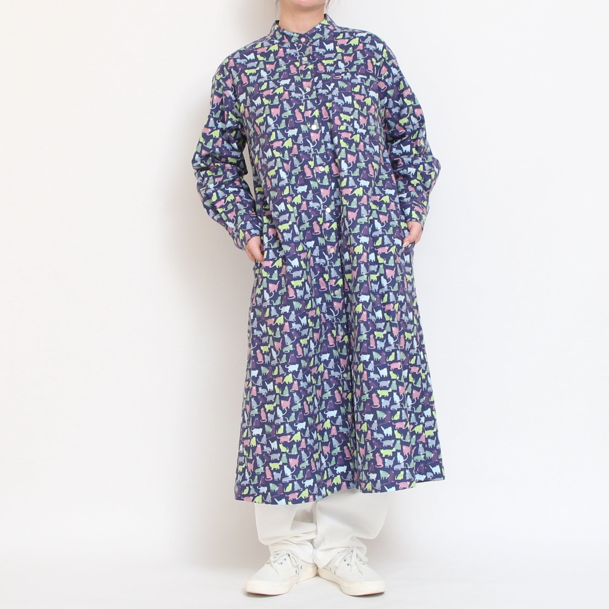 【BLUE残り僅か】Cotton Flannel長袖バンドカラーワンピース(2601)