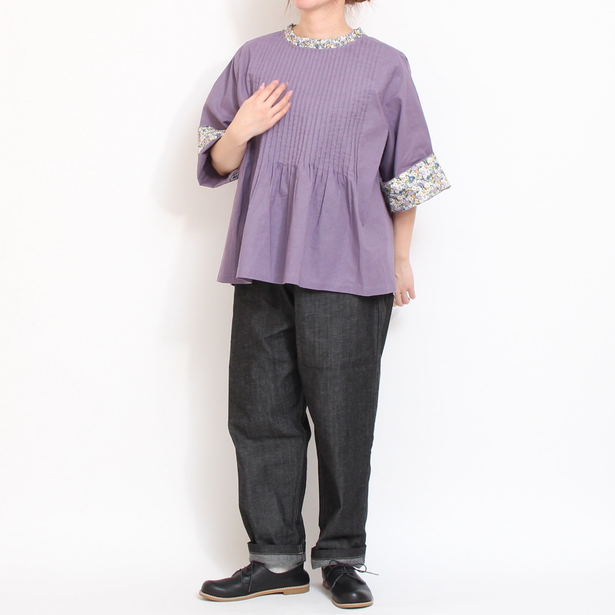 【30%OFF】【PURPLEのみ 残り僅か】sosotto LIBERTY使いフリルネックブラウス