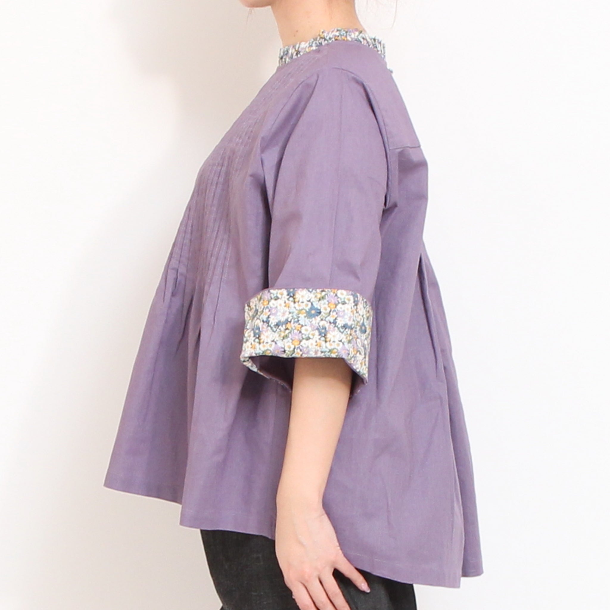 【30%OFF】【PURPLEのみ 残り僅か】sosotto LIBERTY使いフリルネックブラウス