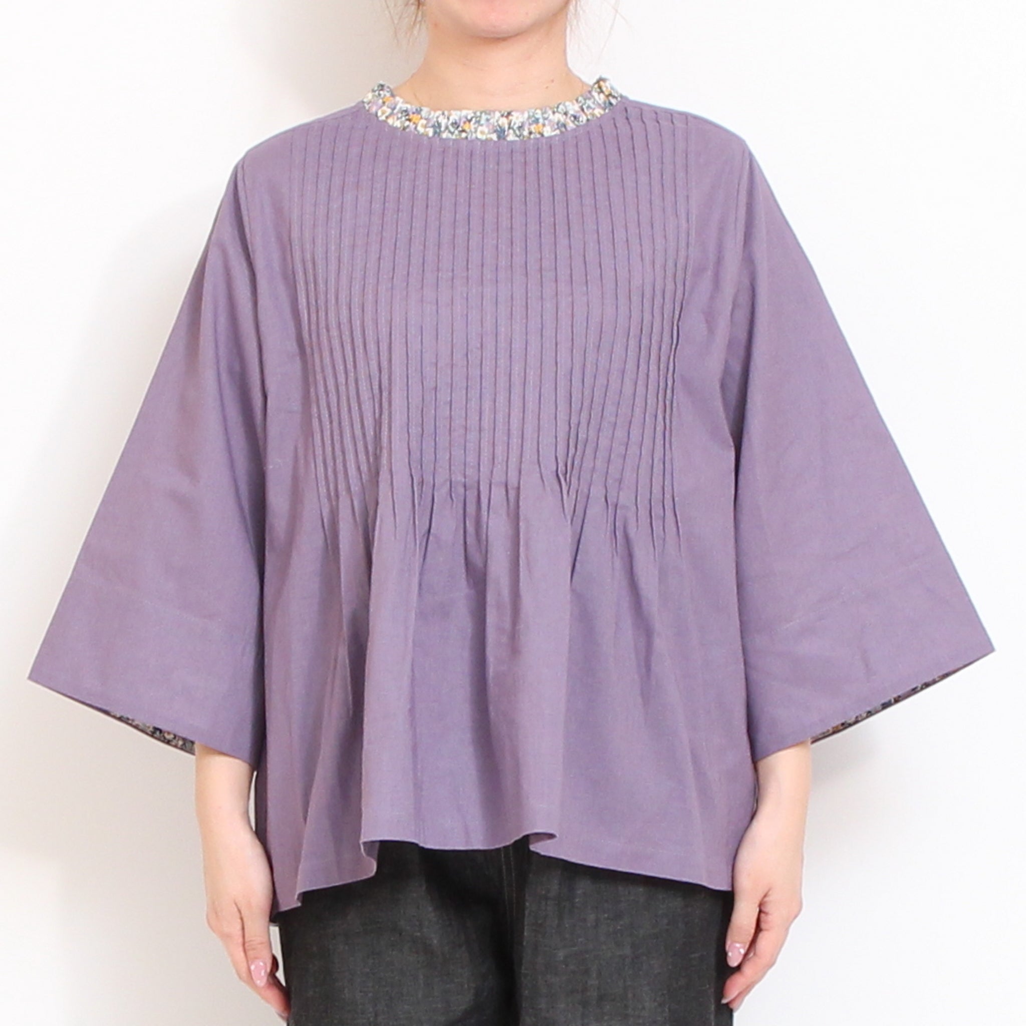 【30%OFF】【PURPLEのみ 残り僅か】sosotto LIBERTY使いフリルネックブラウス