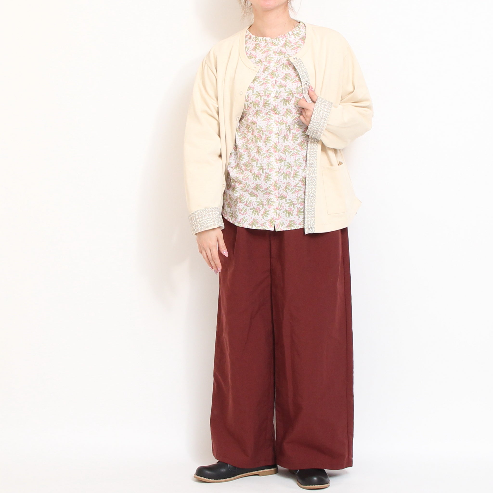 【期間限定15%OFF】【PURPLE・PINKのみ 残り僅か】リバティ7分袖フリルネックスタンダードシャツ2603