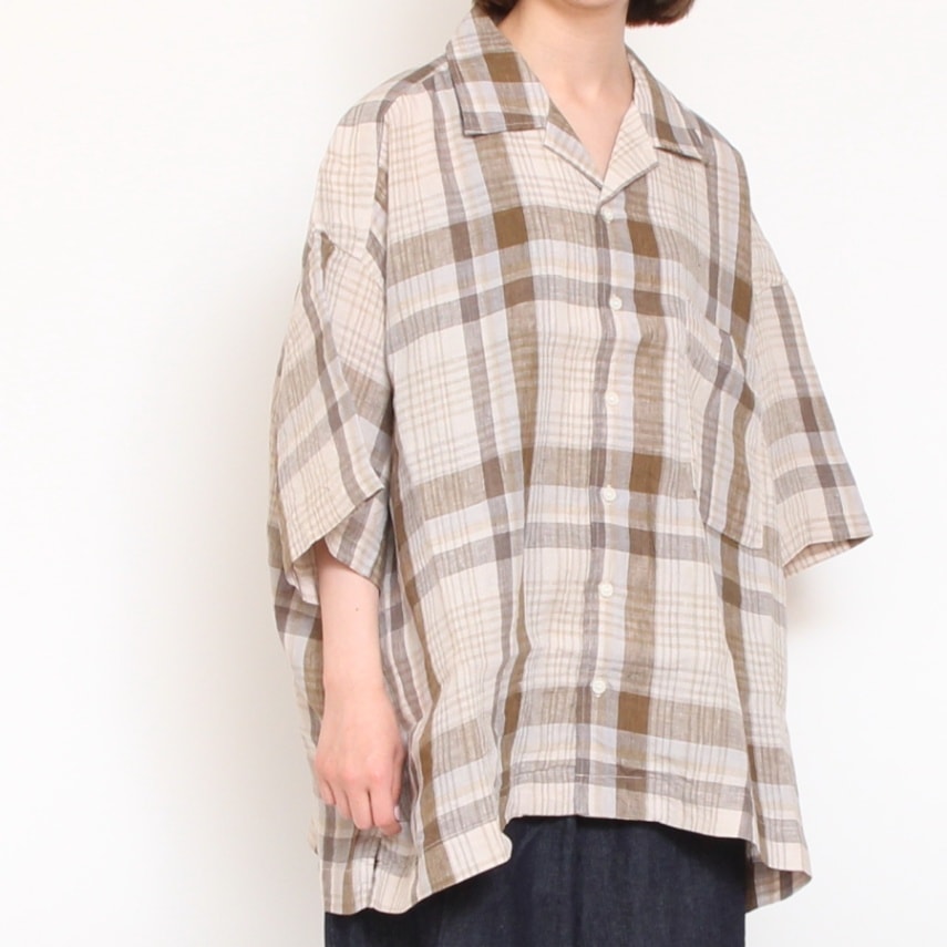 【50%OFF】HARVESTYチェックリネン半袖ジャンボシャツ