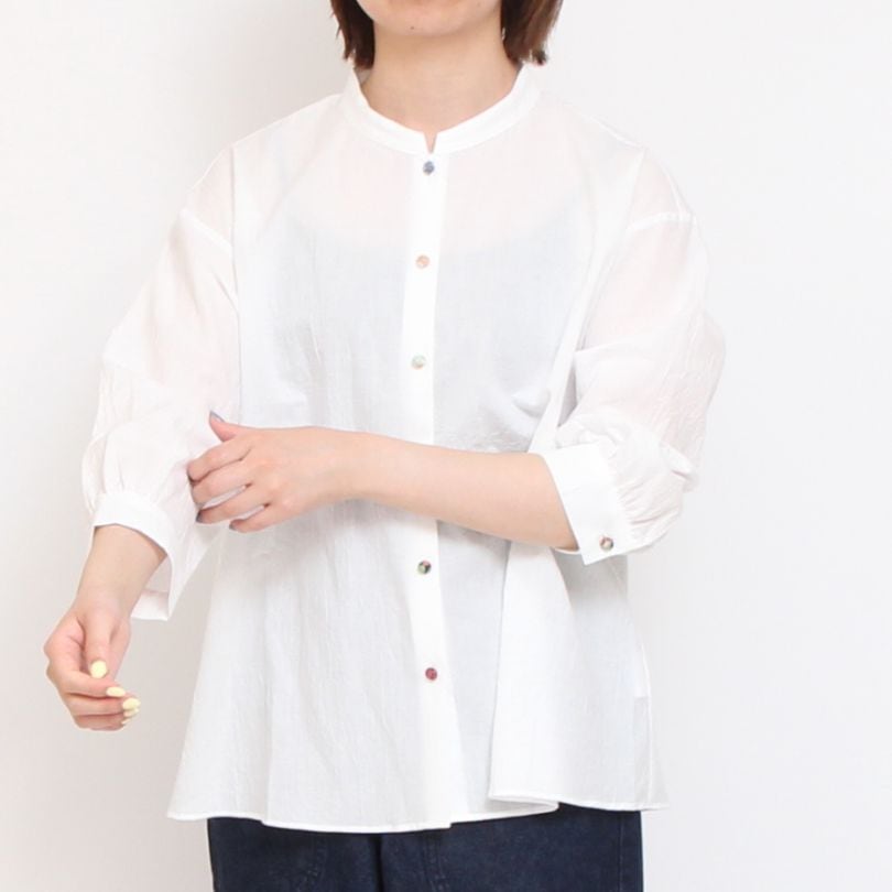【WHITEのみ ラスト1点】リバティ釦7分袖マオカラーシャツ(2506)