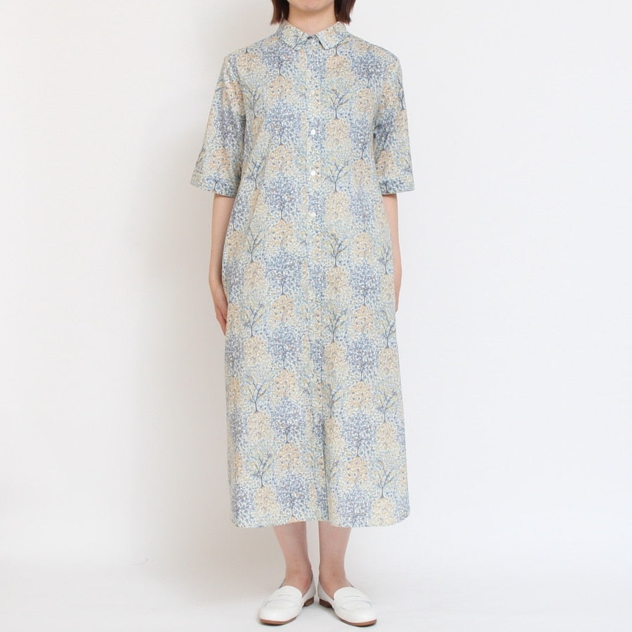 【20％OFF】【BLUE・NAVYラスト１点ずつ】HOKKOH LIBERTY 5分袖レギュラーカラーワンピース2507