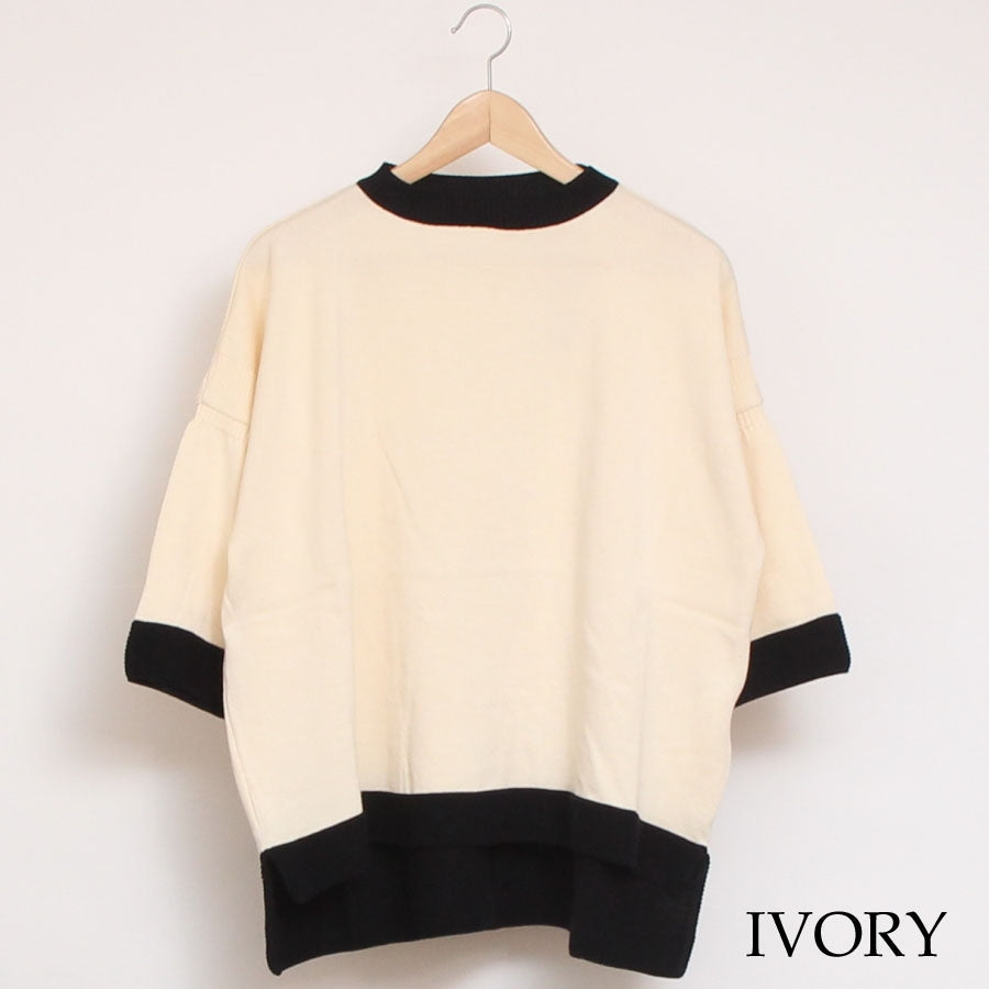 【30%OFF】【IVORYのみ 残り僅か】NARUバイカラー７分袖ニットプルオーバー