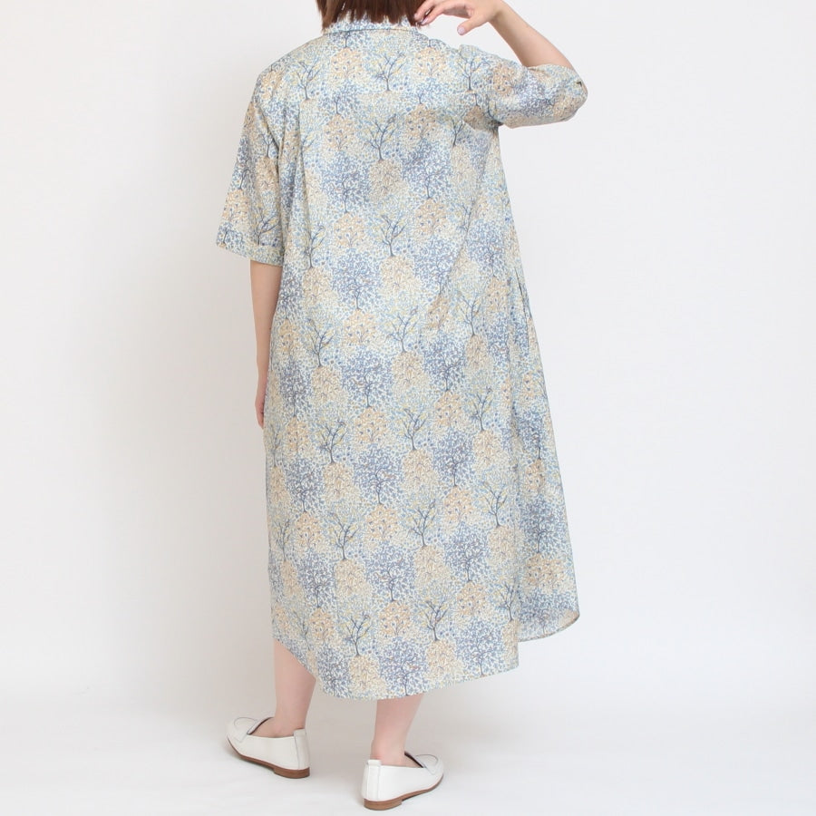 【20％OFF】【BLUE・NAVYラスト１点ずつ】HOKKOH LIBERTY 5分袖レギュラーカラーワンピース2507
