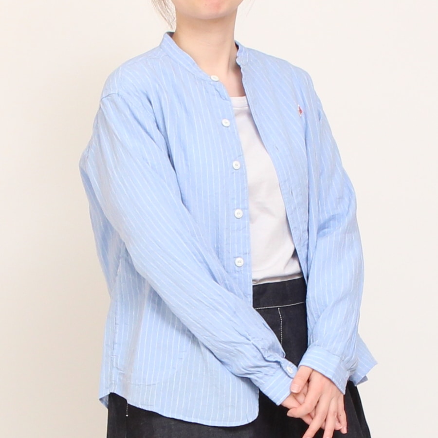 【GRAYのみラスト1点】DANTONコットンリネンストライプバンドカラーシャツ