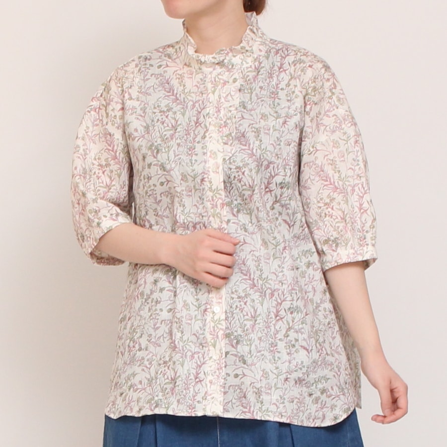 【30％OFF】【BLUEのみラスト１点】フランダースLIBERTY5分袖変形フリルシャツ2504