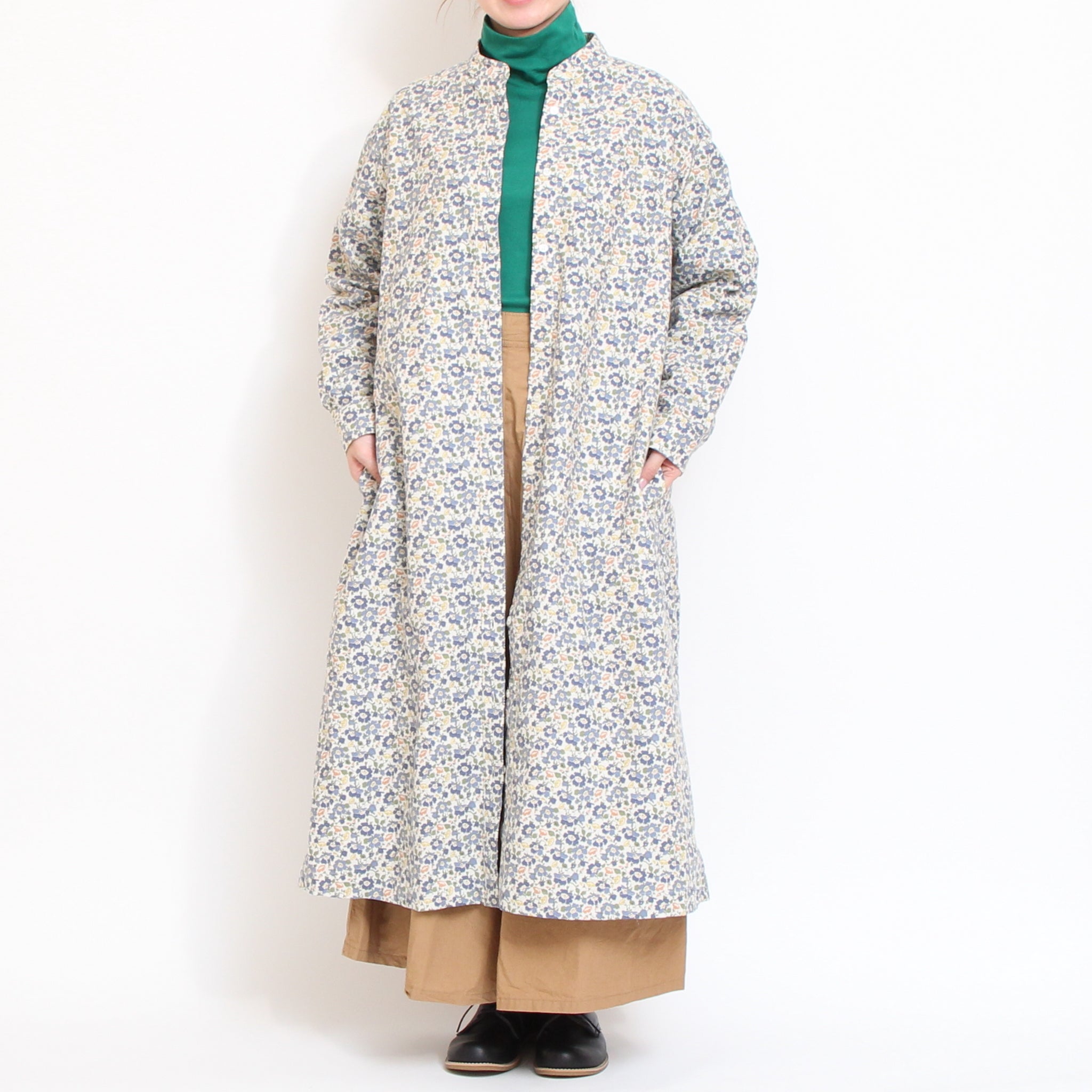 【BLUE残り僅か】Cotton Flannel長袖バンドカラーワンピース(2601)
