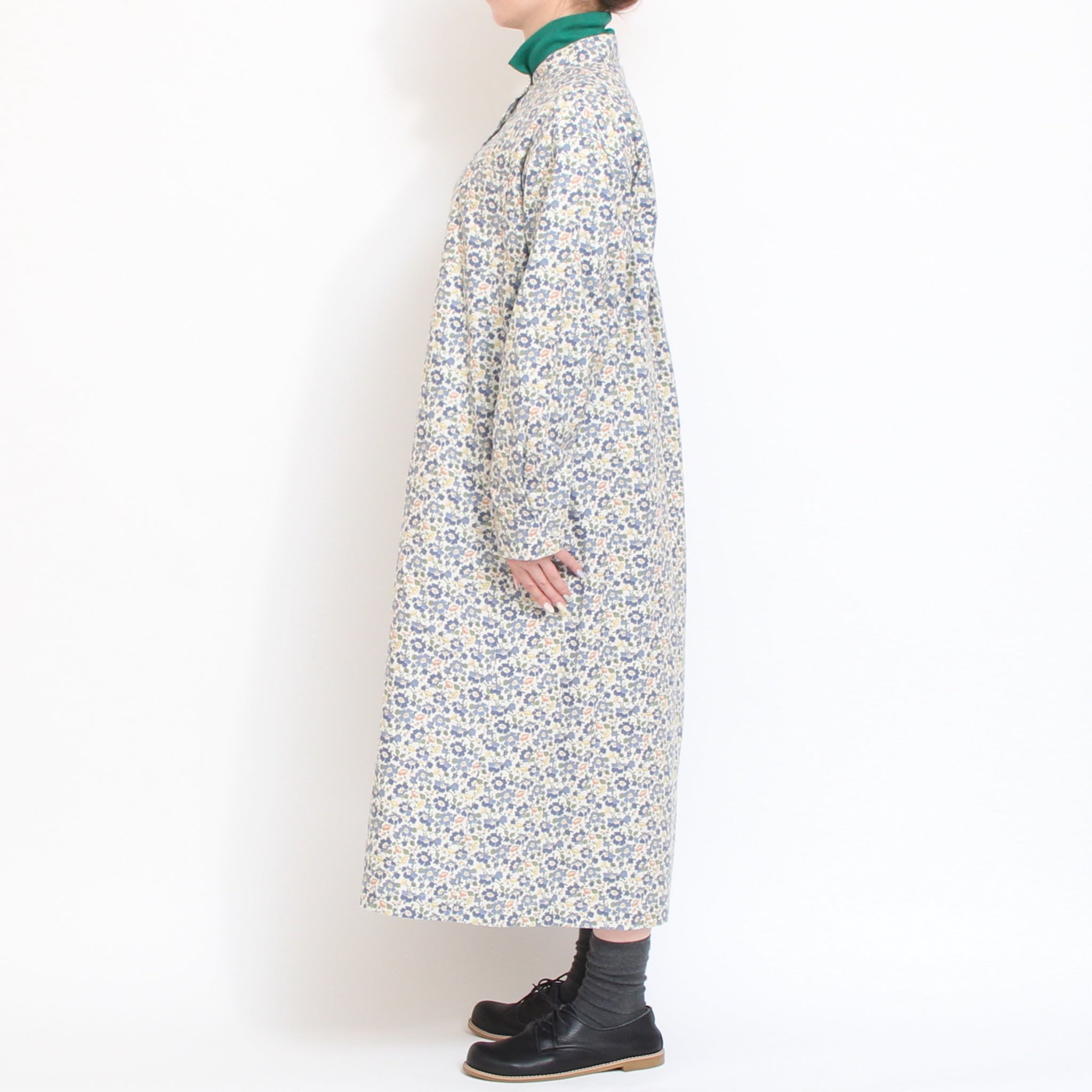 【BLUE残り僅か】Cotton Flannel長袖バンドカラーワンピース(2601)