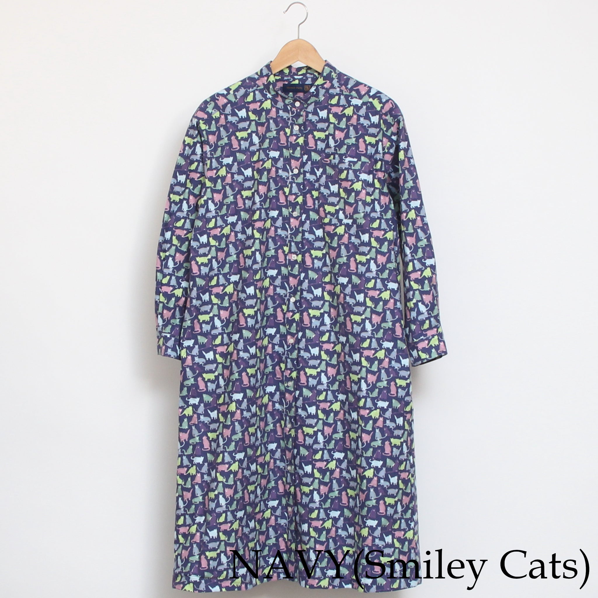 【BLUE残り僅か】Cotton Flannel長袖バンドカラーワンピース(2601)