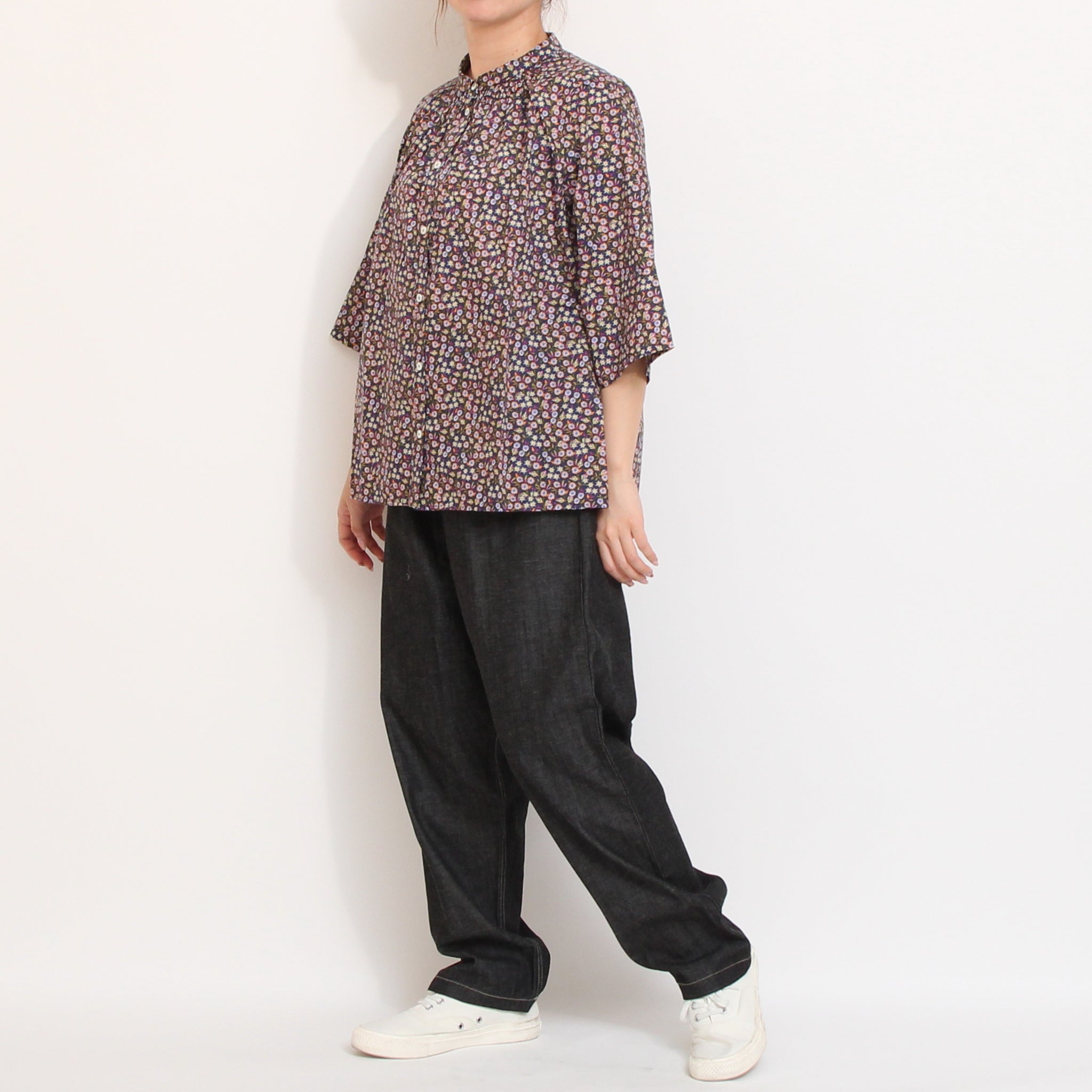 【期間限定15%OFF】【MINT残り僅か・本店限定商品】リバティ6分袖チビ衿シャーリングシャツ(2604)