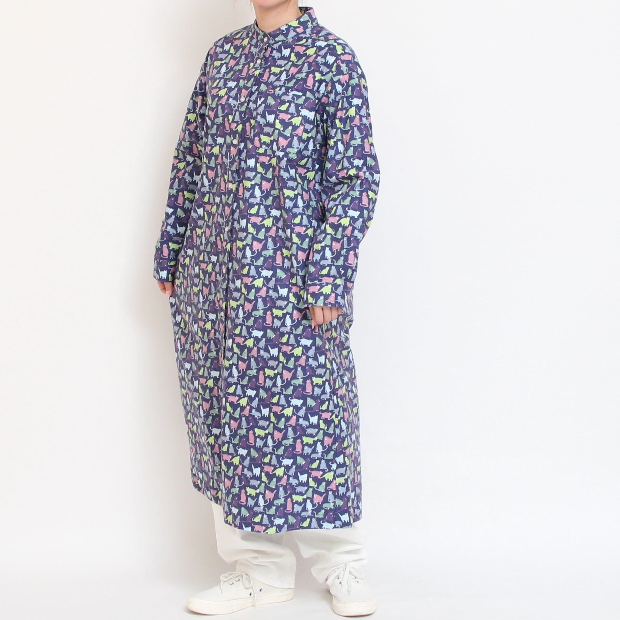 【BLUE残り僅か】Cotton Flannel長袖バンドカラーワンピース(2601)
