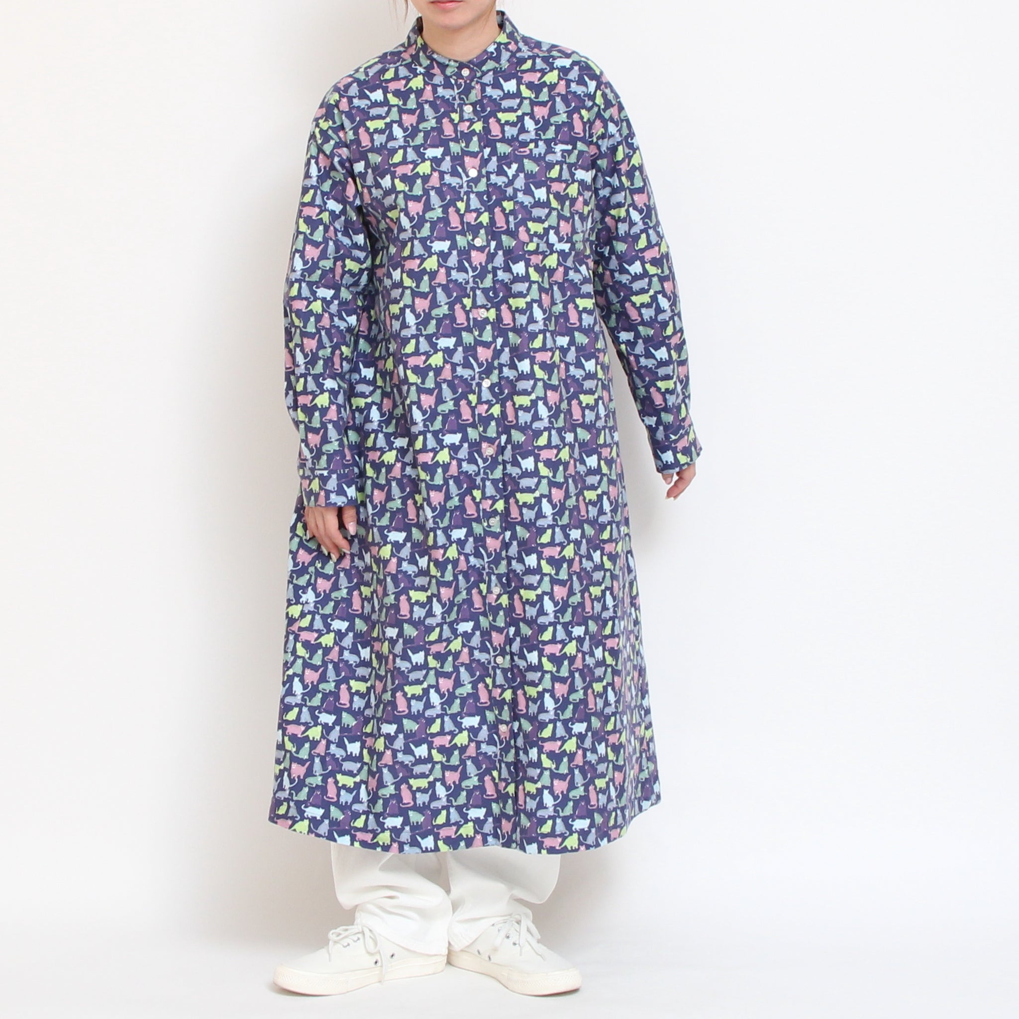 【BLUE残り僅か】Cotton Flannel長袖バンドカラーワンピース(2601)