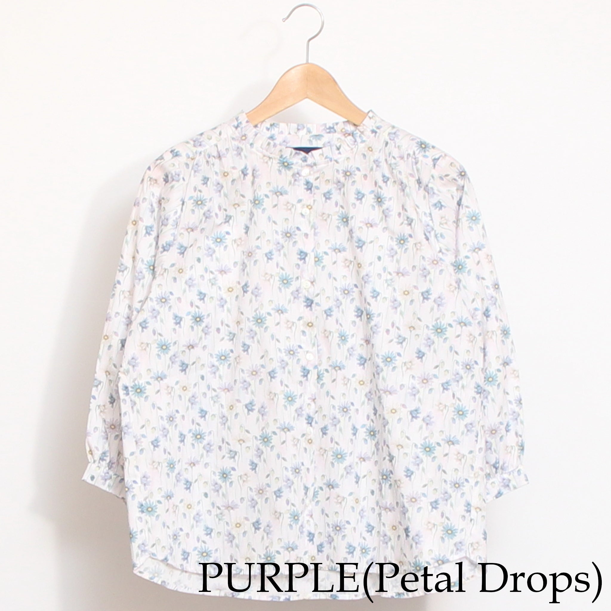 【期間限定15%OFF】【PURPLE・PINKのみ 残り僅か】リバティ7分袖フリルネックスタンダードシャツ2603