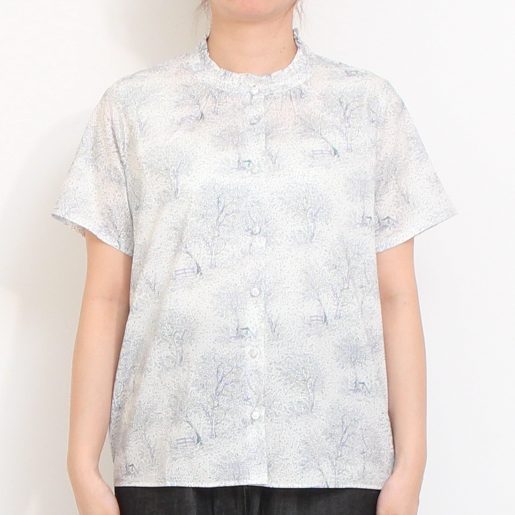 【期間限定15％OFF】【YELLOW・BLACKサイズ１ ラスト１点ずつ】コットンリヨセル半袖スタンドフリルシャツ2604