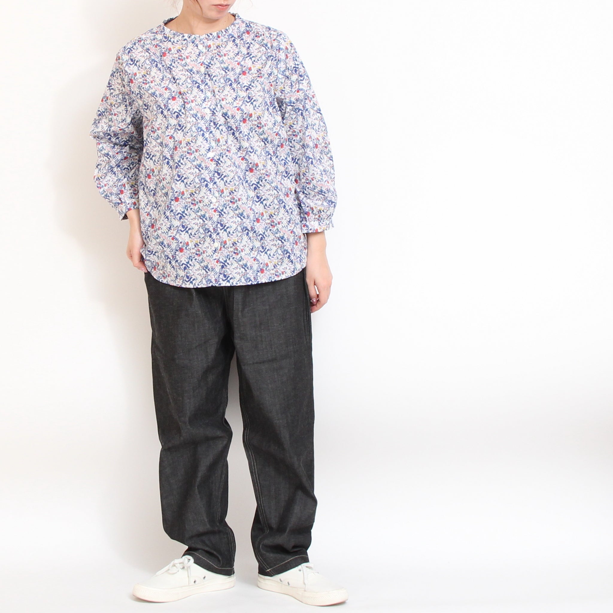 【期間限定15%OFF】【PURPLE・PINKのみ 残り僅か】リバティ7分袖フリルネックスタンダードシャツ2603