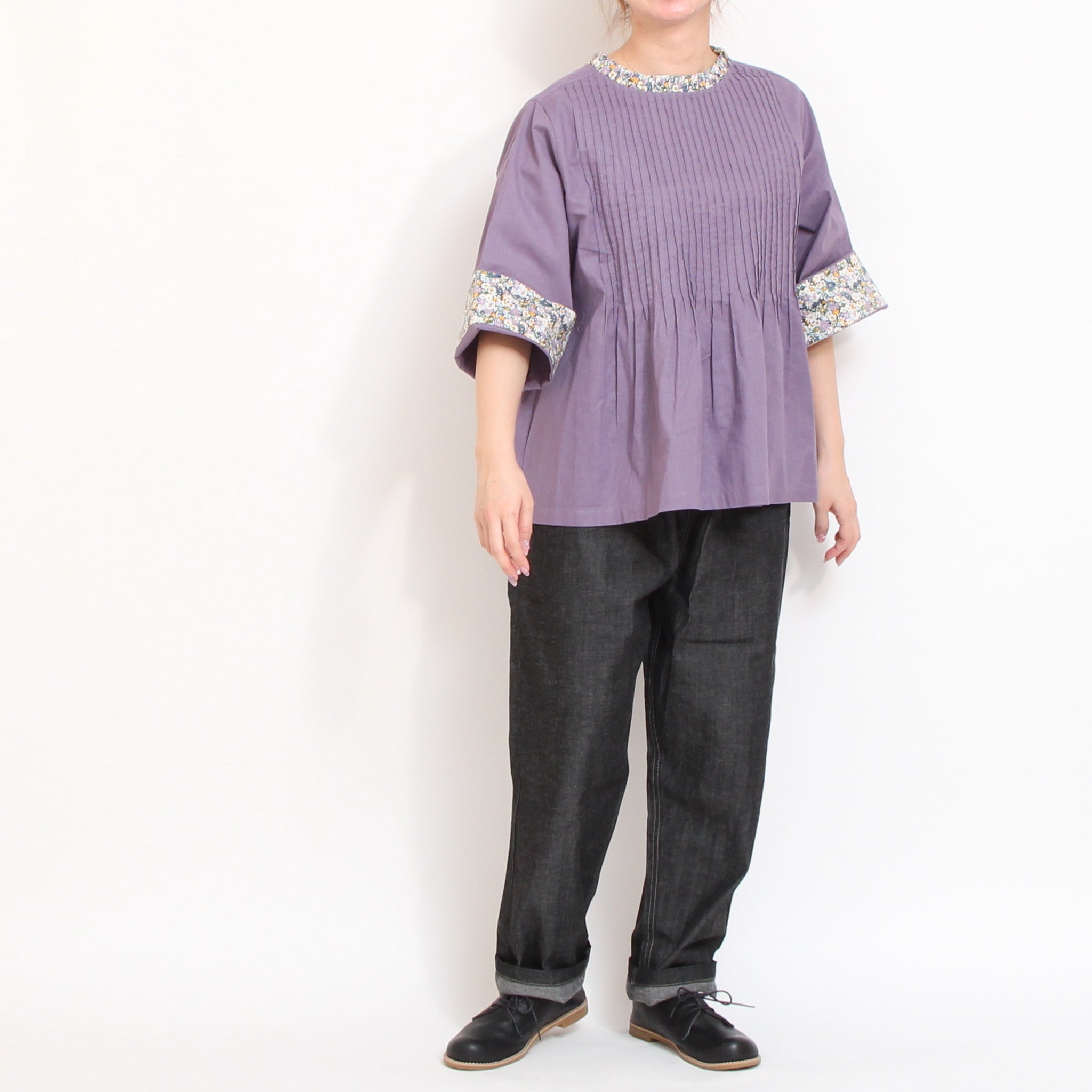 【30%OFF】【PURPLEのみ 残り僅か】sosotto LIBERTY使いフリルネックブラウス