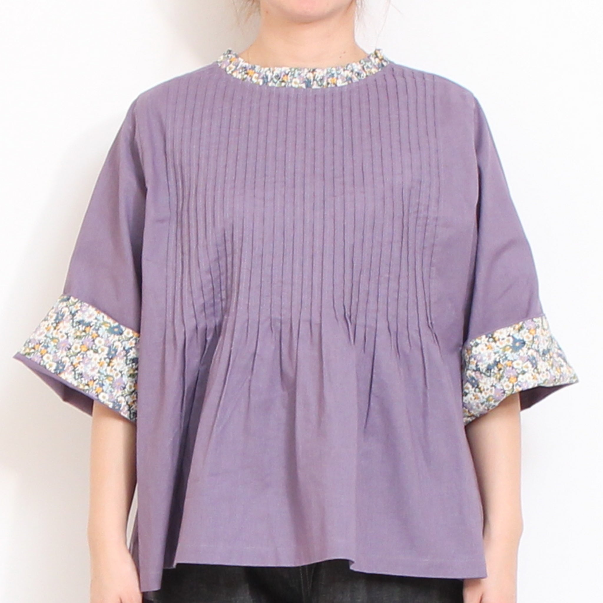 【30%OFF】【PURPLEのみ 残り僅か】sosotto LIBERTY使いフリルネックブラウス