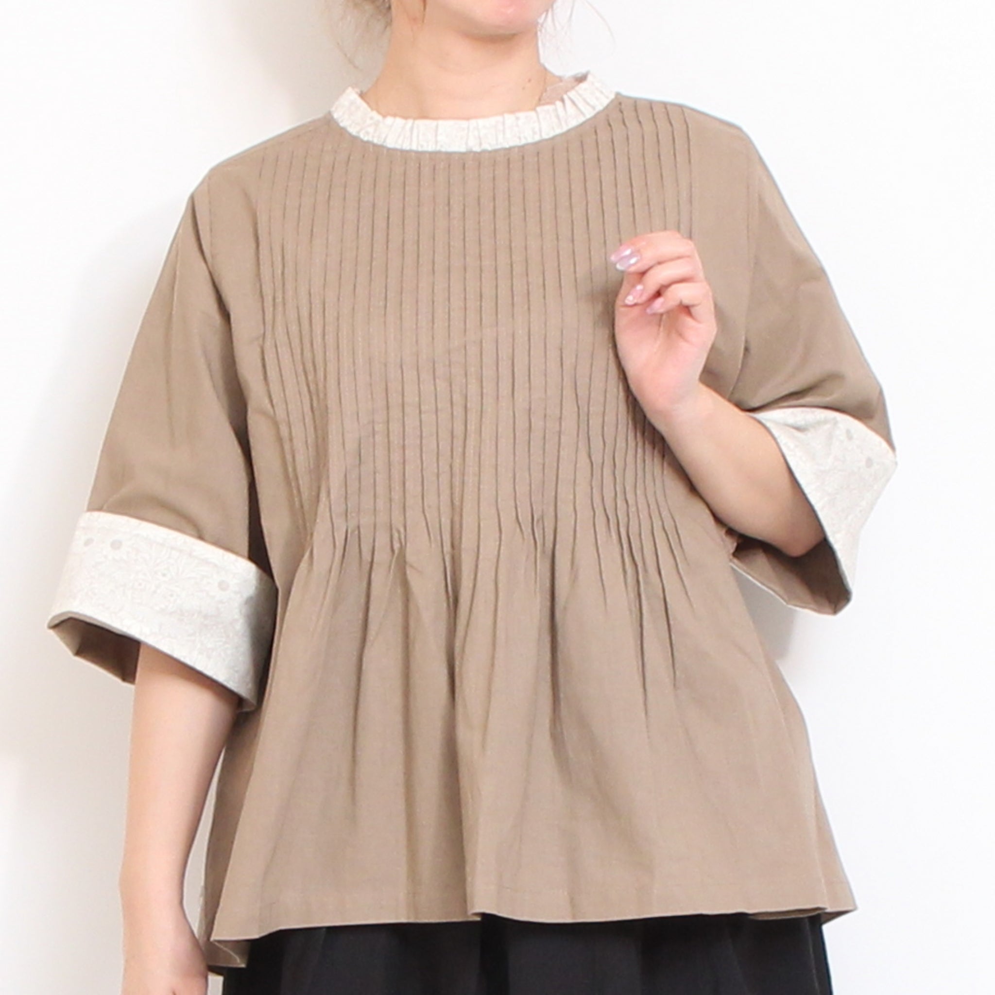 【30%OFF】【PURPLEのみ 残り僅か】sosotto LIBERTY使いフリルネックブラウス