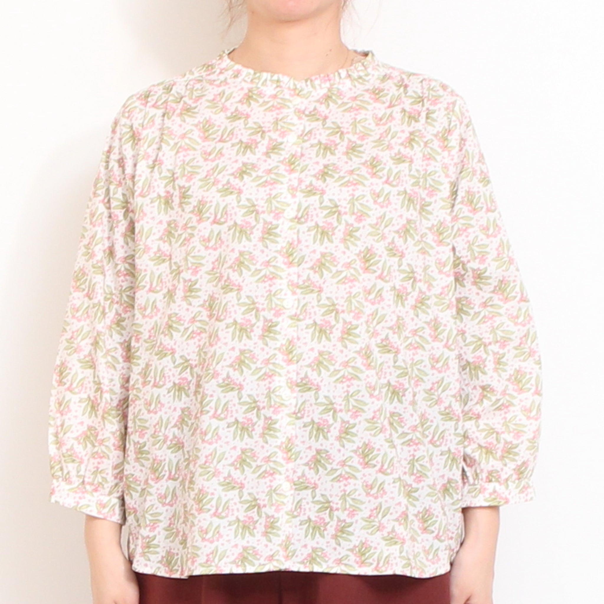 【期間限定15%OFF】【PURPLE・PINKのみ 残り僅か】リバティ7分袖フリルネックスタンダードシャツ2603