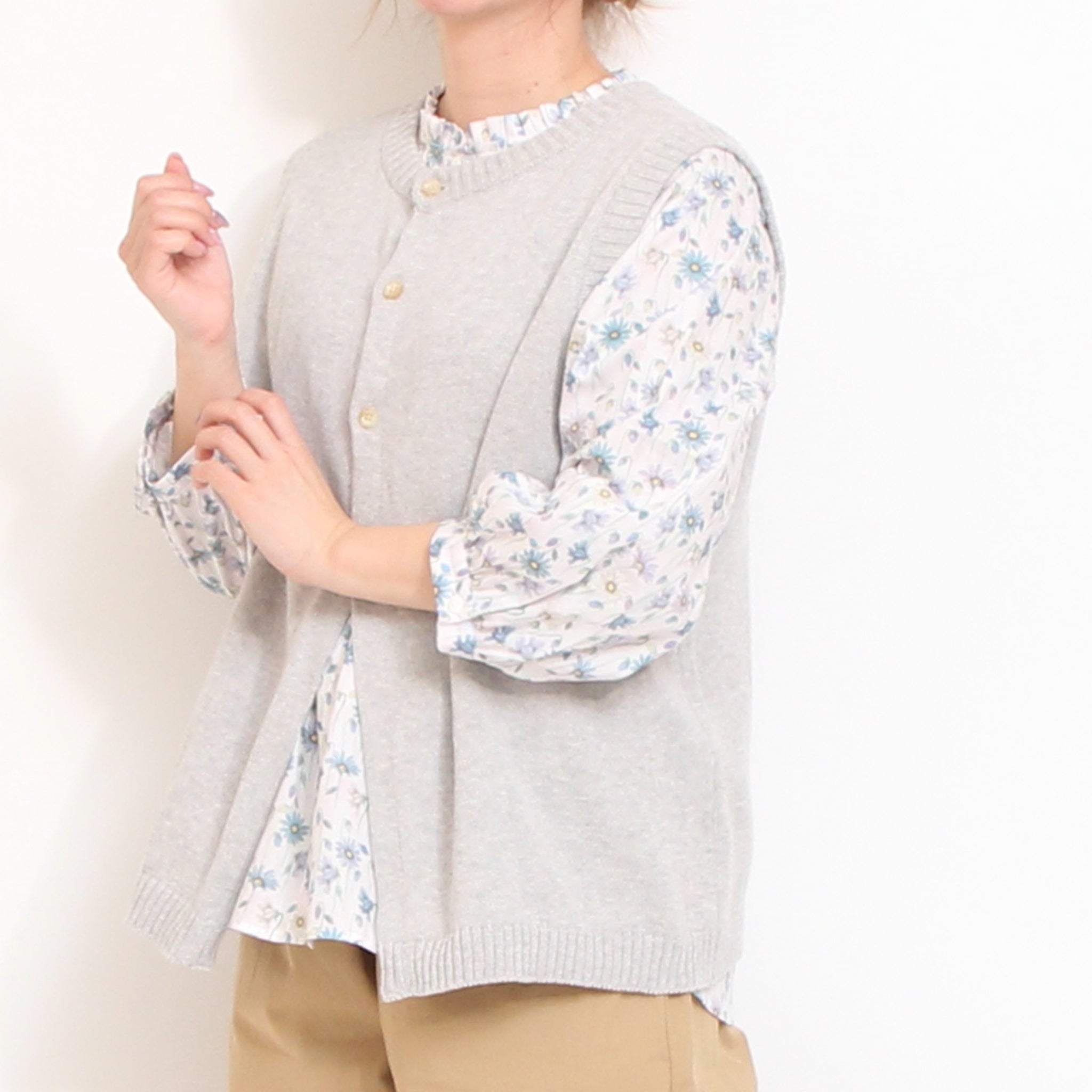 【期間限定15%OFF】【PURPLE・PINKのみ 残り僅か】リバティ7分袖フリルネックスタンダードシャツ2603